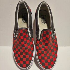 Men and Women Vans red and gray checkered slip on- Size Men 9.5 and Women 11